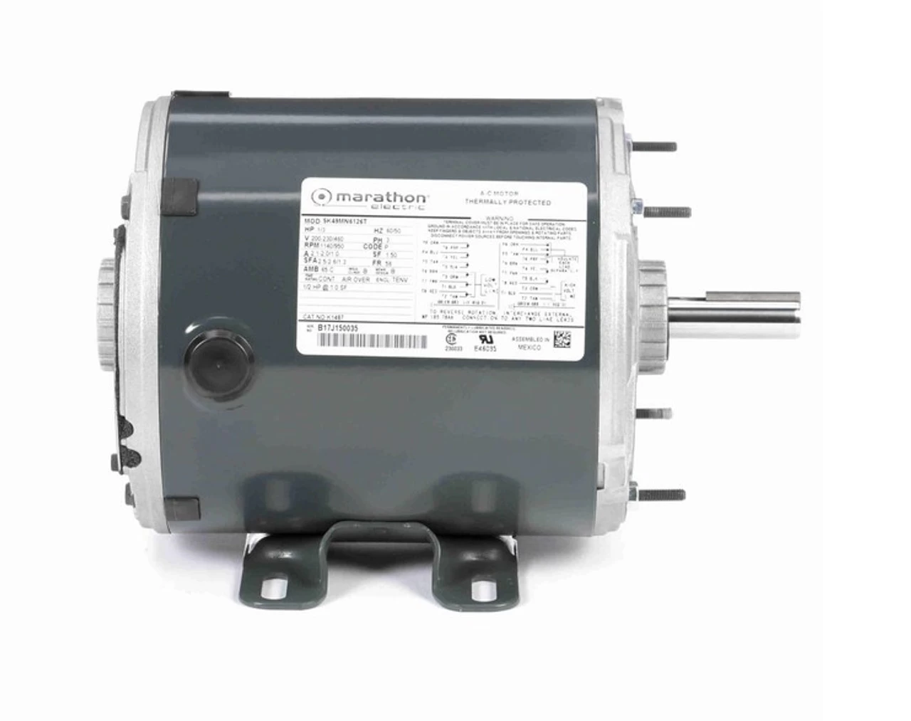 K1487 Marathon 1/3 Hp (1 Speed) 200-230/460V 1200 RPM TENV 56 Frame 3-Phase Rigid Base Motor 5 K1487 Marathon 1/3 Hp (1 Speed) 200-230/460V 1200 RPM TENV 56 Frame 3-Phase Rigid Base Motor - Image 3