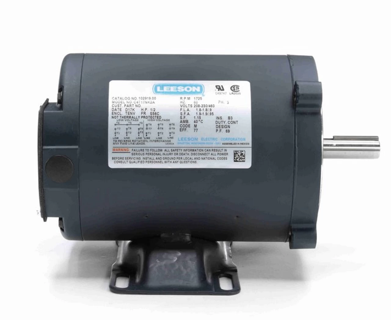 102919.00 Leeson 1/2 Hp 1800 RPM 208-230/460V 56C Frame TENV C-Face (with Base) 3-Phase Motor 5 102919.00 Leeson 1/2 Hp 1800 RPM 208-230/460V 56C Frame TENV C-Face (with Base) 3-Phase Motor - Image 3