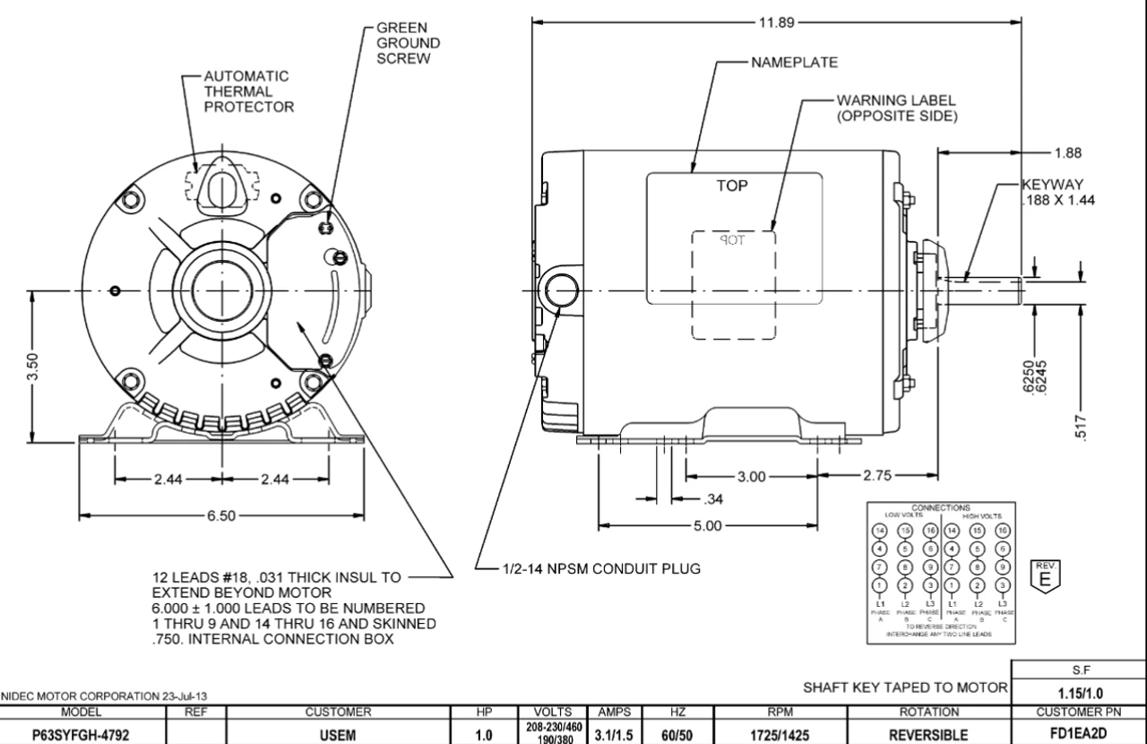 FD1EA2D Nidec 1 HP 1800 RPM ( 1 Speed, 3-Phase) 115/230V 56H Frame TEAO Farm Fan Motor 4 FD1EA2D Nidec 1 HP 1800 RPM ( 1 Speed, 3-Phase) 115/230V 56H Frame TEAO Farm Fan Motor - Image 2
